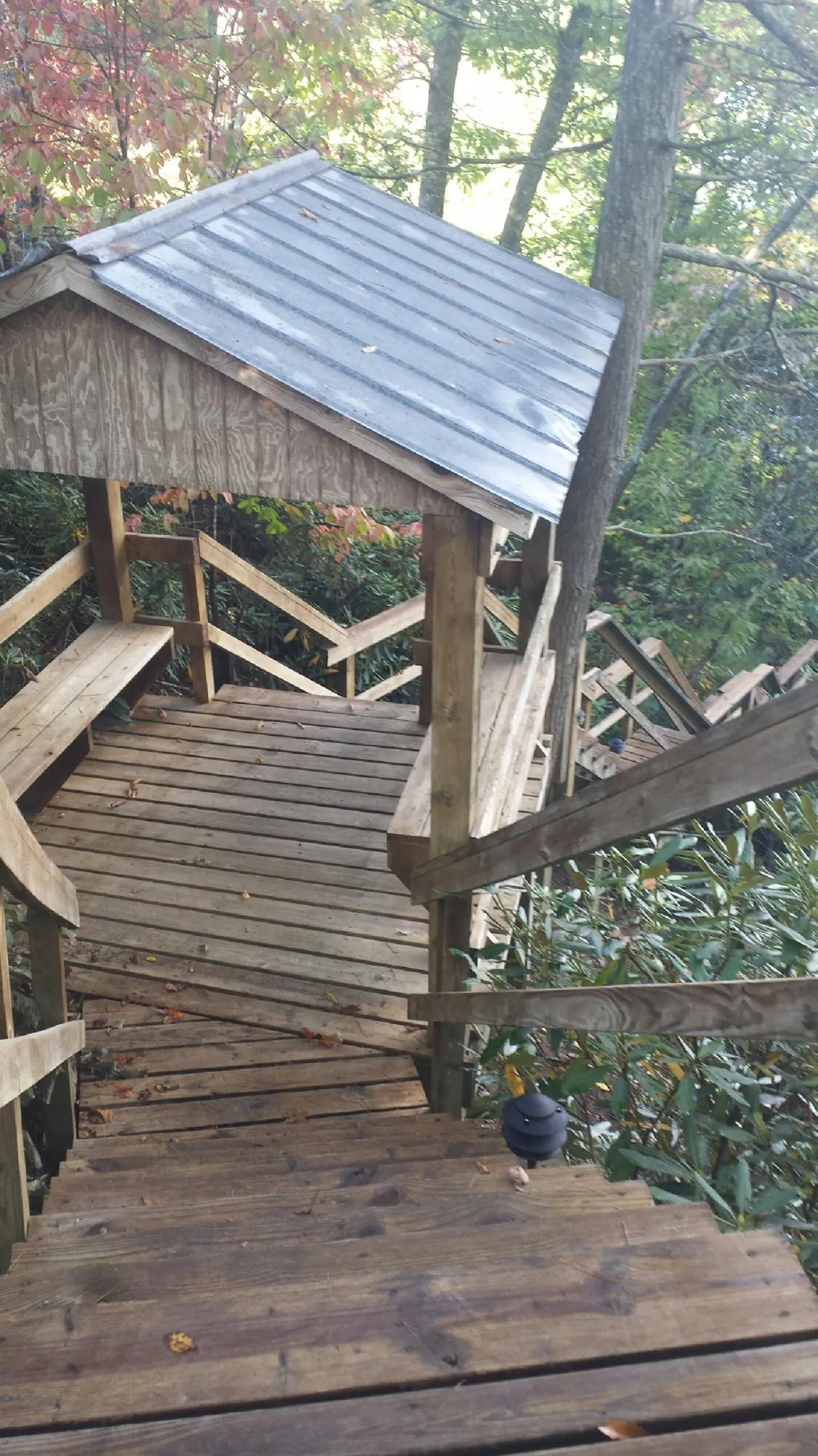 Metal roofed shelter over wooden steps on a wooded walkway — Skylight Repair & Installation work by our crew in Allons